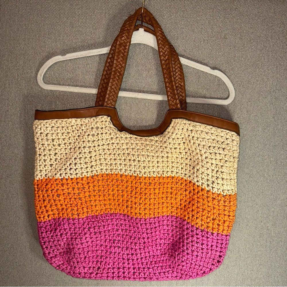 Woven Straw Colorblock Tote Bag in Cream, Orange & Pink